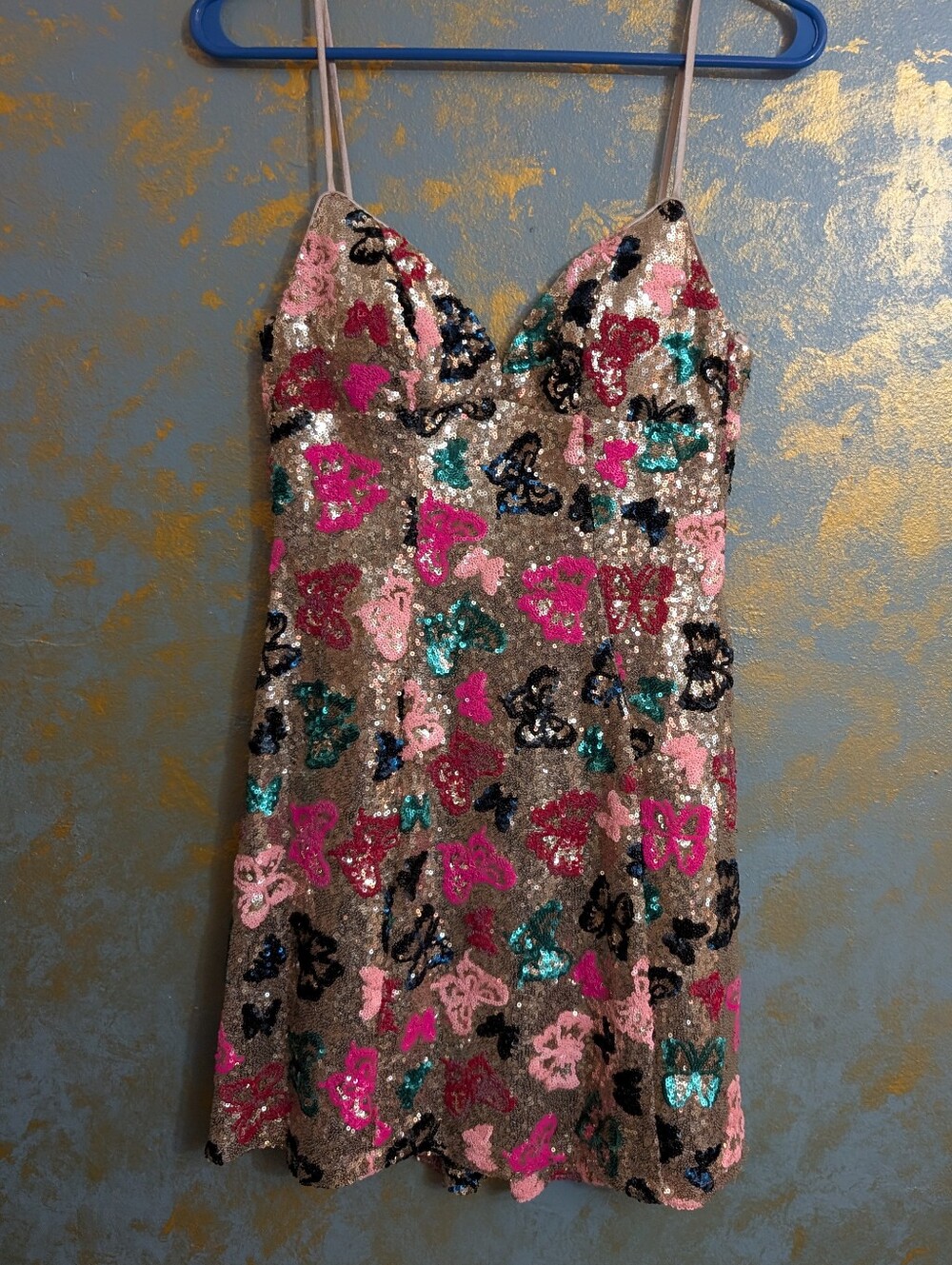 Seni & Cade Sequin Butterfly Mini Dress in Multi Pink Size S